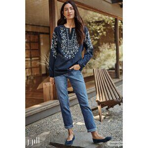 J Jill Womens XL Navy Embroidered Tunic Top Blouse Long Sleeve Floral Boho